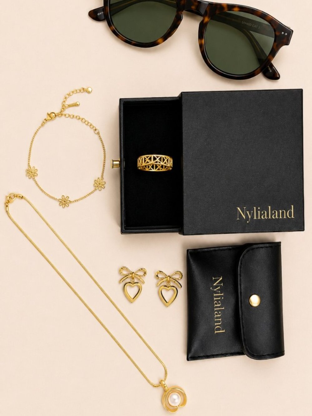 Nylialand Gold Jewelry & Tortoise Sunglasses Set